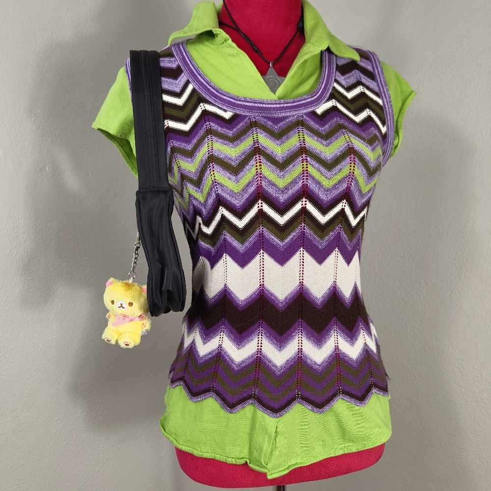 Y2K 2000s Purple Lime Green Layered Collared Fitted Polo Sweater Vest Blouse Top